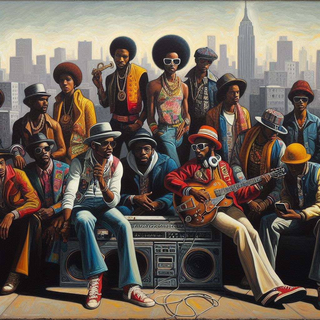 AI generated image of a group of men in 70s attire surrounding a boombox.